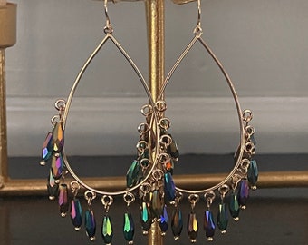 Large  Gold Teardrop Shaped Hoop Earrings with Iridescent Colored Crystals , Long Fashion Earrings for Women, Fringe, Tassel, Bohemian