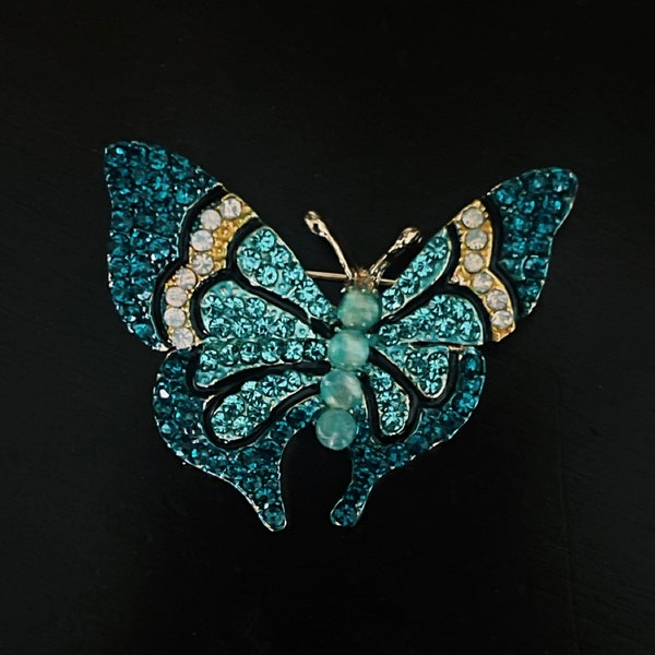 Blue Crystal Butterfly Brooch, Rhinestone Brooch for Women, Fashion Accessory, Gift for Her