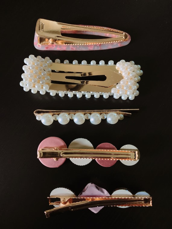 Pink and White Acrylic and Faux Pearl Hair Clip Set, Hair  display picture 3