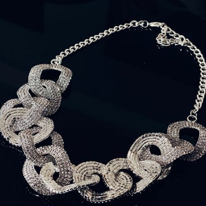 Interlocking Silver Bib Necklace with Crystal Rhinestones