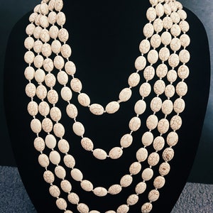 Extra Long Beige/Bone White Howlite Knotted Bead Necklace, Handmade Jewelry, Gemstone, Multilayered, One Strand, Statement, Collar Necklace
