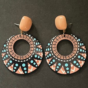 Peach and Blue Round Acrylic Earrings, Drop Earrings, Resin, Acrylic Earrings, Statement Jewelry, Fashion Earrings for Women, Geometric Patt
