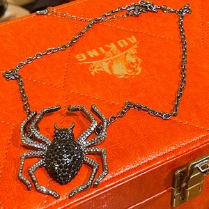 Long Black and Gray Crystal Spider Pendant Necklace