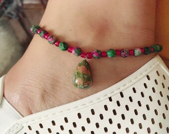 Handmade Unakite Drop Bead Anklet with red Crystals, Women&#39;s body jewelry, Gemstone Anklet