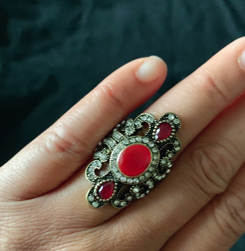 Indian Turkish jewelry Ethnic Ring For Women Bijoux Femme Black cocktail ring Resin Carved Ring with crystal rhinestones Size 10