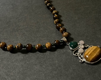 Long Tigers Eye and Green Bead Necklace with Tigers Eye and Quartz Pendant, Gemstone Necklace, Brown, Handmade Jewelry for Women, Collar