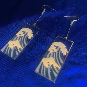 Lightweight Wave Design Enamel Gold Drop Earrings, Rectangle Shape Dangle Earrings, Metal, Statement Earrings, Fashion Jewelry for Women