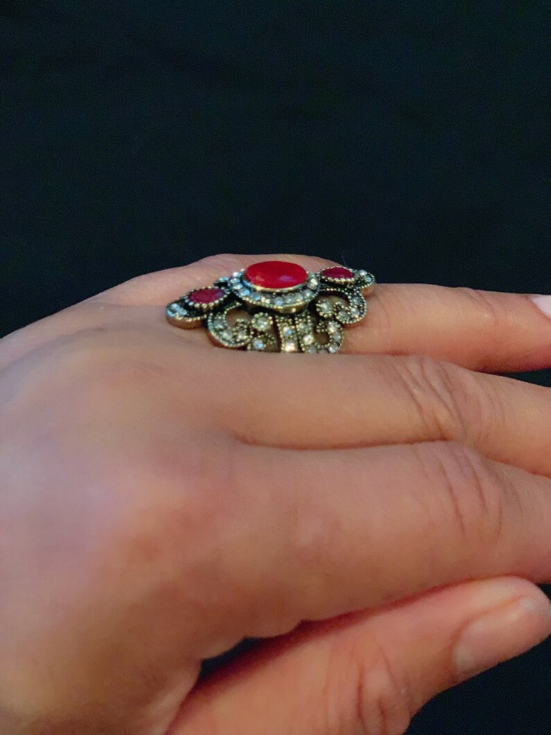 Indian Turkish jewelry Ethnic Ring For Women Bijoux Femme Black cocktail ring Resin Carved Ring with crystal rhinestones Size 10