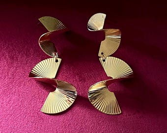 Long Gold Twisted Fan Earrings, Art Deco Earrings, Gold Drop Earrings, Gift for Her