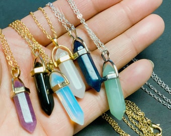 Gemstone Water Drop Pendant Necklace, Amethyst, Black Agate, Quartz, Lapis Lazuli, Charm Necklace, Healing Jewelry, Gold, Silver, Link Chain