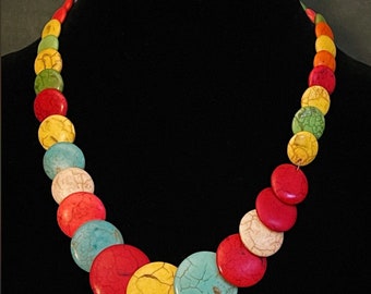 Multicolored Circle Beaded Howlite Necklace, Handmade Stone Necklace, Gemstone Collar Necklace, Colorful, Statement Jewelry for Women, Gift