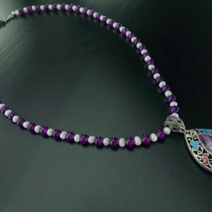 Long Amethyst pendant necklace with amethyst and pearl beads, handmade jewelry, women&#39;s jewellry, gift, purple