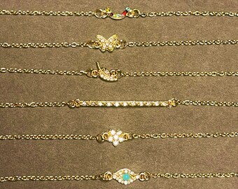 6 Piece Gold Crystal Charm Anklet Set, Body Jewelry for Women, Star, Leaf, Butterfly, Evil Eye Fashion Jewelry, Summer, Beach Jewelry, Gift