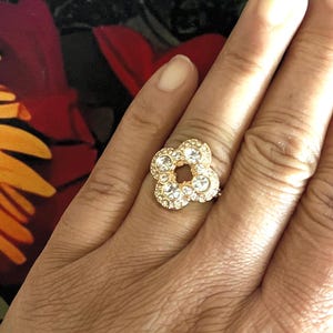 Gold Tone Clover Ring with Crystals, Four Leaf Clover Band Ring, Fashion Jewelry, Gift for Her