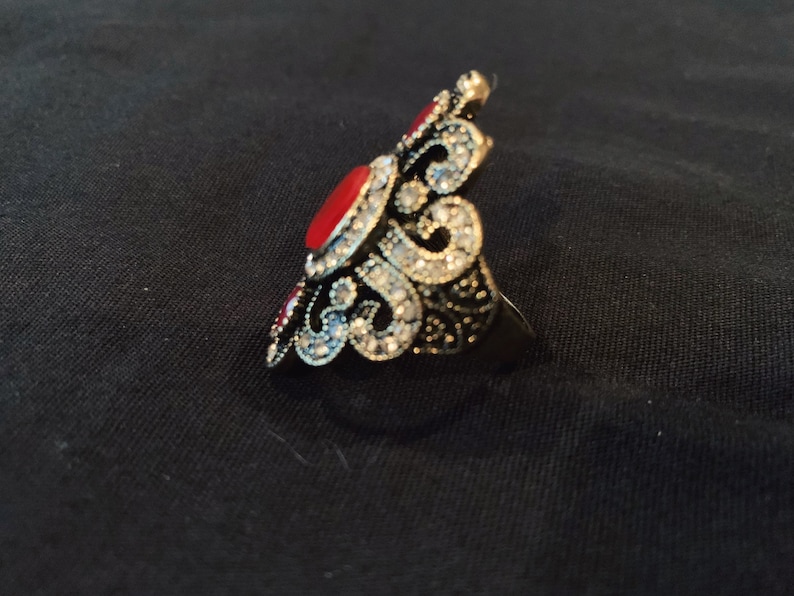 Indian Turkish jewelry Ethnic Ring For Women Bijoux Femme Black cocktail ring Resin Carved Ring with crystal rhinestones Size 10