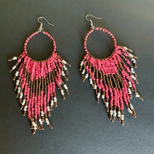Long Ethnic bohemian Beaded Earrings, Tassel Earrings, Statement Jewelry for women, Pink and Brown