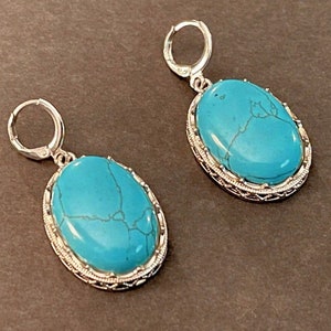 Oval Blue Howlite Drop Earrings, Stone Earrings, Silver Metal, Fashion Earrings, Dangle Earrings, Bohemian Style, Handmade, Gemstone