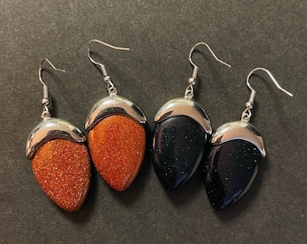 Sparkling Teardrop Shaped Goldstone and Silver Colored Earrings, Handmade, Gemstone, Blue, Brown, Dangle Earrings, Jewelry for Women