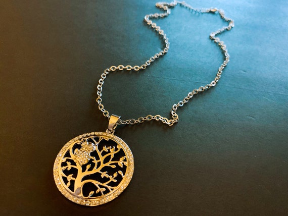 Collana Donna Albero Della Vita Con Gufo E Cristallo, Placcata Oro Rosa, Catena Lunga 60+5 Cm, Ipoallergenica