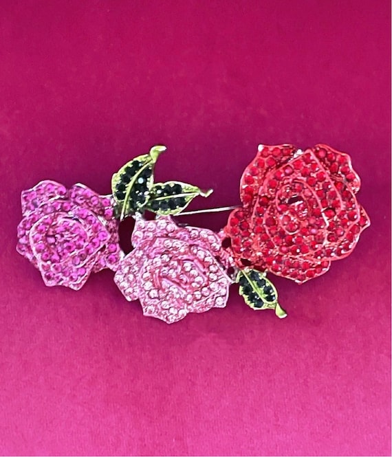 Large Sparkling Crystal Open Rose Brooch, Multicolored, Pink  display picture 1