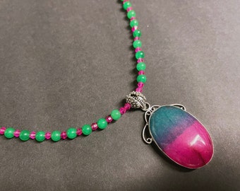 Oval Watermelon Quartz Pendant with Aventurine Beaded Necklace, Handmade, Gemstone, Long, Collar Necklace, Crystal Necklace, Pink, Green