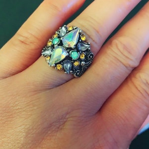 Rhinestone Mosaic Bague Femme Ring, Women&#39;s Statement Rings, Cocktail Ring, Adjustable Ring