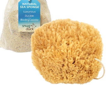 Snug Duck Exfoliating Natural Sea Sponge in Organza Gift Bag - 100% Organic, Unbleached Grass Adult Pouf and Scrub with Rope, Hypoallergenic
