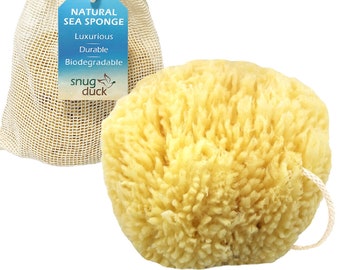 Snug Duck Mediterranean Yellow Natural Sea Sponge in Organza Gift Bag - 100% Organic, Hypoallergenic, Strong, Durable with Rope