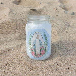 Virgin Mary Decoupaged Glass Mason Jar Candle Holy Water Flower Bouquet