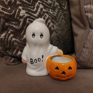 Cute Ceramic Ghost with Jack O Lantern Tealight Holder BOO!