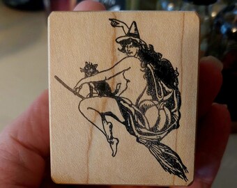 RARE Ant Transfer Witch Riding Broom Car Pumpkin Rubber Stamp