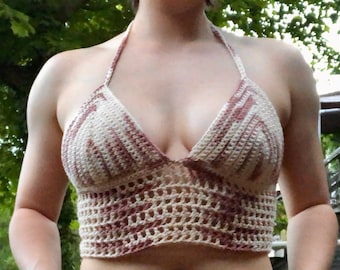 Cotton Crochet Mesh Bralette Size Medium Beige Brown Speckled Beach Beachy Vibes Summer Top Halter Top with Open Back