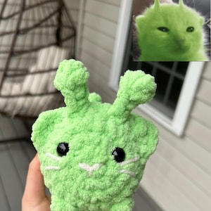 May include: A handmade, lime green crocheted alien plush toy with black eyes and white whiskers. The plush has two antennae and a small, smiling mouth. A smaller image of a green cat with antennae is in the background.