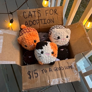 Pode incluir: Uma caixa de cartão com o texto manuscrito "CATS FOR ADOPTION" e vários bichos de pelúcia de gato de crochê dentro. Os gatos são de várias cores, incluindo laranja, preto, branco e calico. A caixa também tem o texto "$15 TO A GOOD HOME".