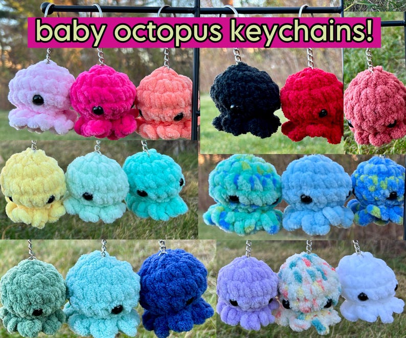 May include: A collection of crocheted baby octopus keychains in various colors, including pink, blue, green, yellow, and white. Each octopus has large, round eyes and eight tentacles.