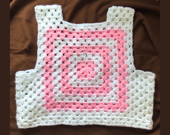 Granny Square Vest Pink and White Crochet Handmade Slow Fashion Cottagecore