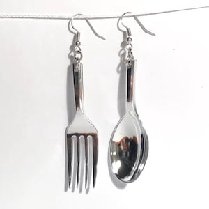Hypoallergenic Silver Spoon and Fork Earrings Plastic Utensil Foodie Chef Dangle Cute Kitschy Weird Funky Quirky Aesthetic Punk Lesbian