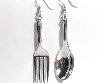 Hypoallergenic Silver Spoon and Fork Earrings Plastic Utensil Foodie Chef Dangle Cute Kitschy Weird Funky Quirky Aesthetic Punk Lesbian