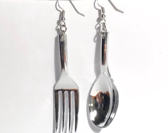 Foodie Dangle Earrings: Hypoallergenic Silver Spoon and Fork Utensils
