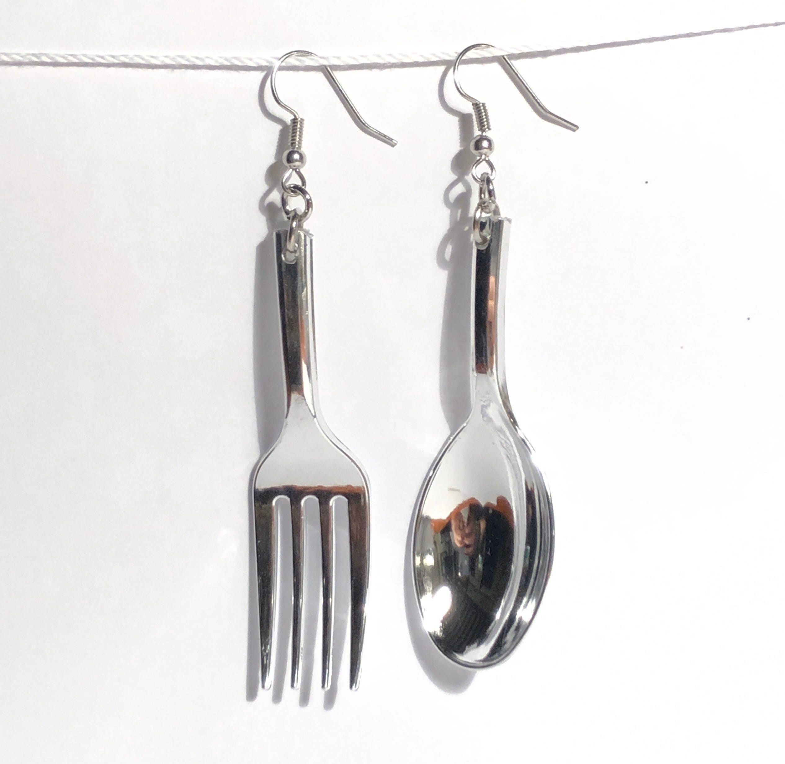 Silverware Spoon Fork Eating .925 Sterling Silver Food Utensils Stud Earrings 