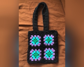 Granny Square Tote Bag Quilted Patchwork Cool Colors Green Blue Purple Black Cottagecore Cute