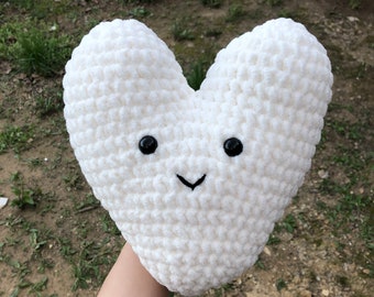 White Crochet Heart Pillow: Amigurumi Neutral Tones Home Decor Kitschy Funky Cute Adorable Heart Plushie Minimalist