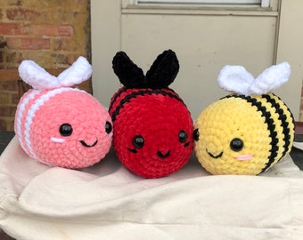 Crochet Bee Amigurumi Stuffed Animal Squishy Chenille Plushie, Bumblebee Plush Decor Red Pink Yellow Black White Goth Punk Alt Pastel