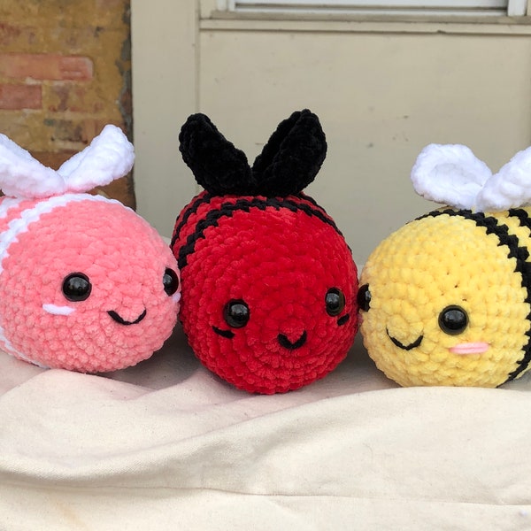 Crochet Bee Amigurumi Stuffed Animal Squishy Chenille Plushie, Bumblebee Plush Decor Red Pink Yellow Black White Goth Punk Alt Pastel