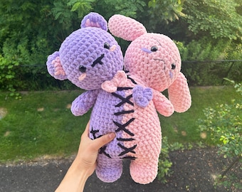 Conejo de ganchillo de dos cabezas y osito de peluche - Peluche gótico pastel