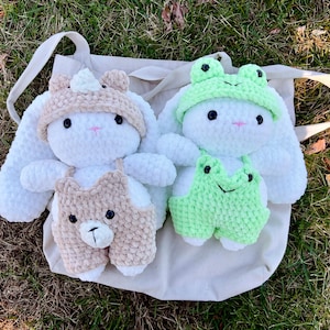 Crochet Bunny Plushie Dressed Up As Frog or Bear Outfit Costume Amigurumi Stuffie Handmade Animal Gift Cute Cuddly Rabbit Farm Creature