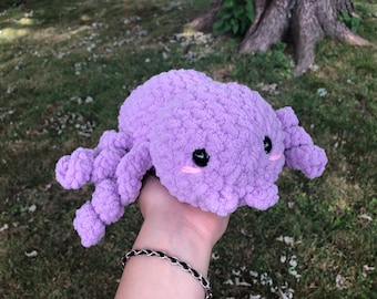 Jumbo Spider Crocheted Plushie Soft Crochet With Fangs Purple Cute Adorable Embroidered Face, Stuffed Gift Plush Decor Kawaii Goth Punk