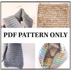 May include: PDF pattern for a knitted scarf. The image shows three different scarves in various colors, including gray, beige, and a multi-colored pattern.