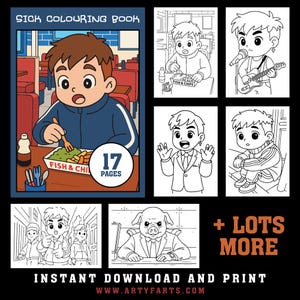 Peut inclure: Un livre de coloriage en noir et blanc avec 17 pages présentant des illustrations de personnes et d'animaux. La couverture montre un personnage de dessin animé en train de manger du poisson et des frites. Le texte "SICK COLOURING BOOK" et "17 PAGES" est visible sur la couverture.