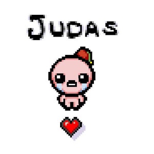 Pode incluir: Uma ilustração pixelada de um personagem rosa com um fez vermelho, chorando com um único coração vermelho abaixo. O texto "JUDAS" está acima do personagem.